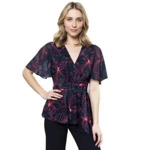 NEW Julie Brown NYC JULIAN BLOUSE Flutter Sleeve Butterfly Navy Top Size 2